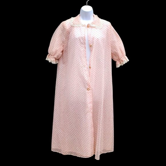 Other - Vintage Pink Nylon Dotted Swiss Robe L Lace Collar Rhinestone Buttons 1960s